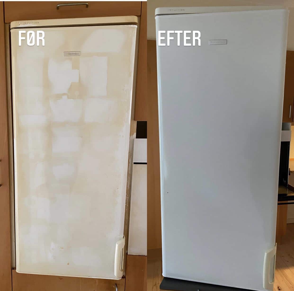 Køleskabet er rengjort fra top til bund, indvendig og udvendig.
Billedet er taget fra en rygerlejlighed, derfor er der også blevet brugt en ozon maskine i lejligheden for at fjerne lugten.
